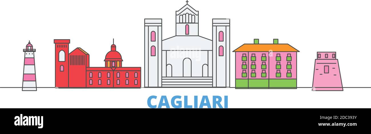 Italia, linea Cagliari paesaggio urbano, vettore piano. Punto di riferimento della città di viaggio, illustrazione dell'oltino, icone del mondo di linea Illustrazione Vettoriale