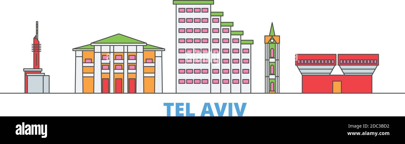 Istael, linea di Tel Aviv paesaggio urbano, vettore piatto. Punto di riferimento della città di viaggio, illustrazione dell'oltino, icone del mondo di linea Illustrazione Vettoriale