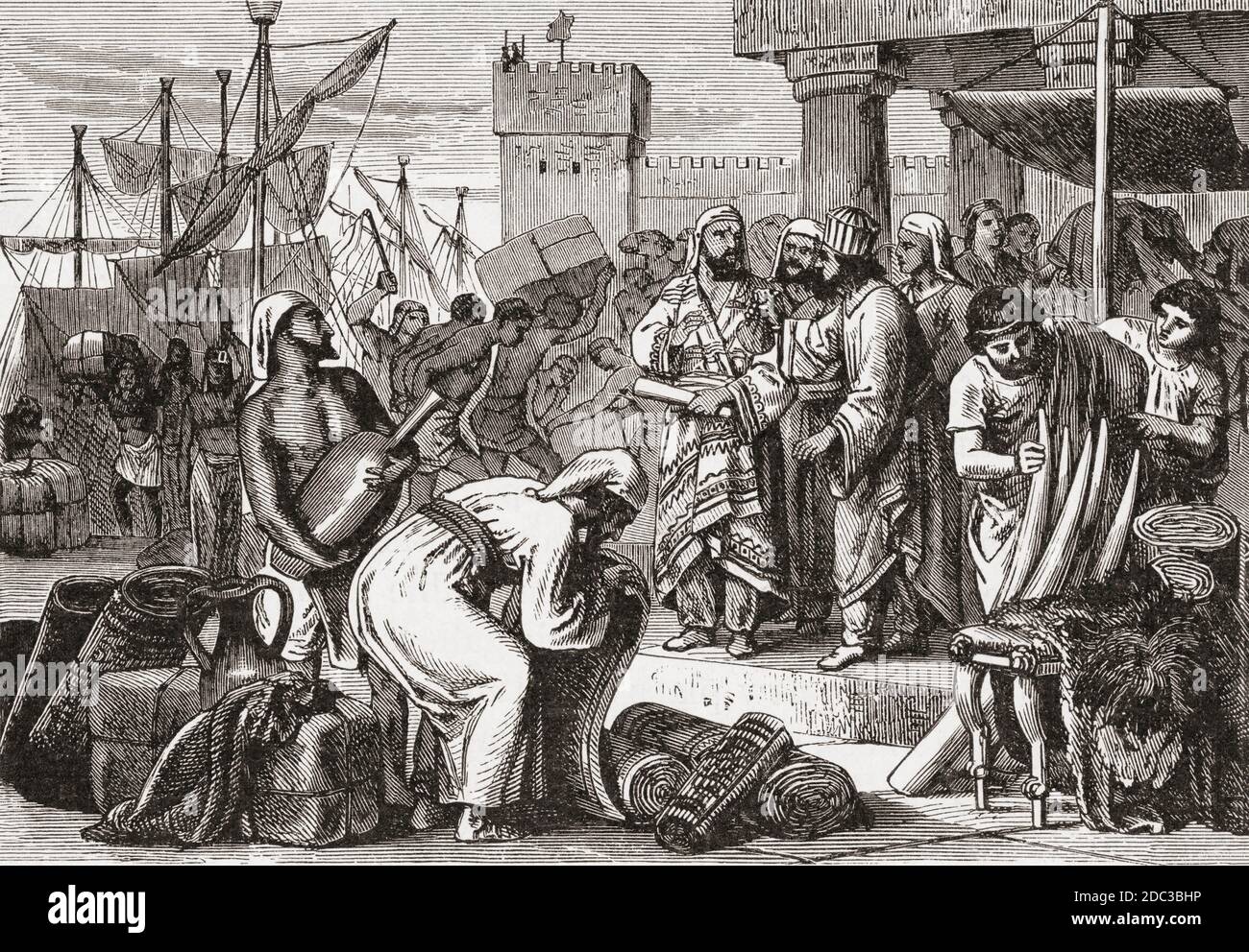 Marinai fenici che commerciano in una città costiera mediterranea. Dopo un'opera del XIX secolo di un artista non identificato. Foto Stock