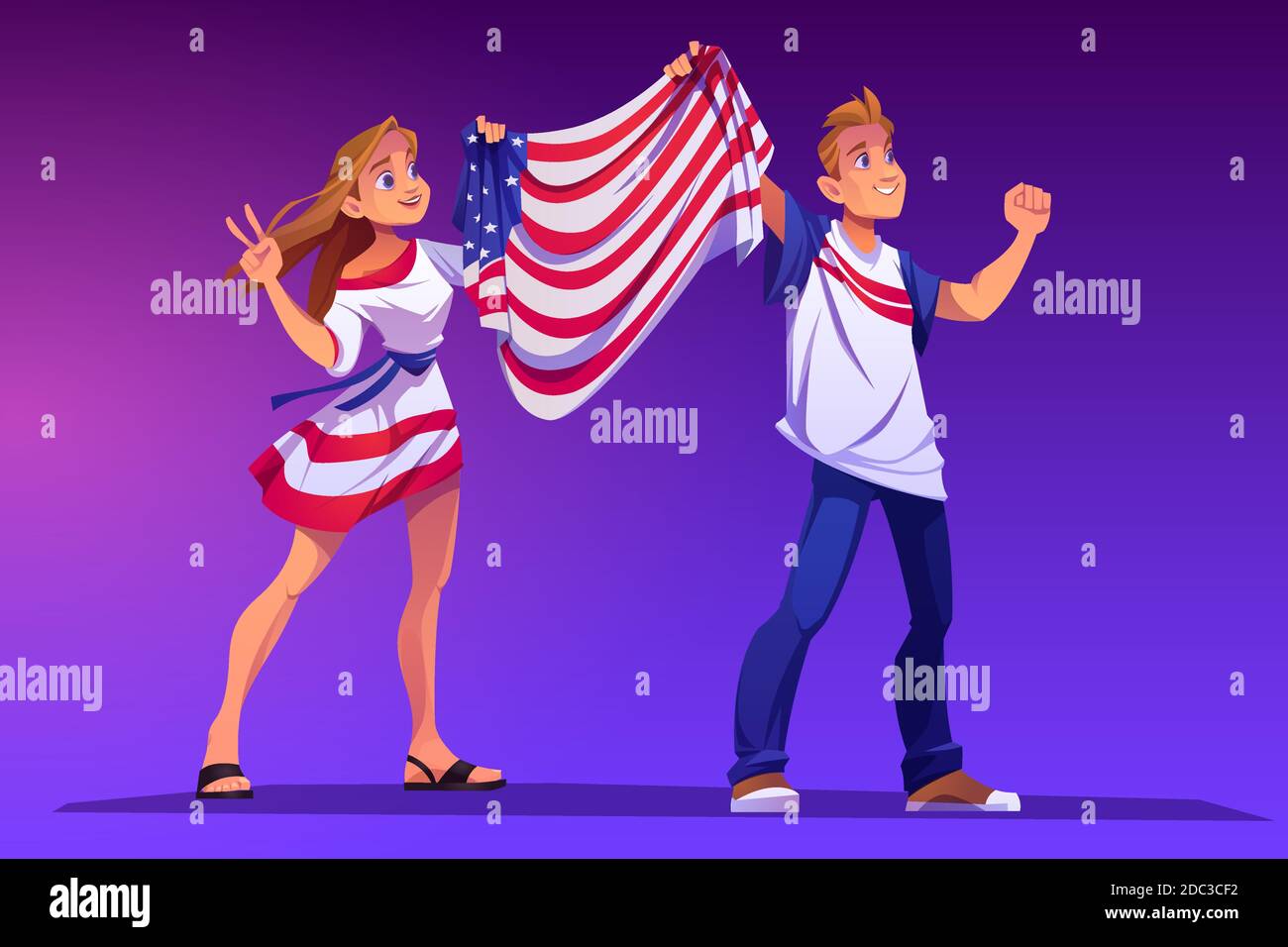 Persone che detengono la bandiera degli Stati Uniti a manifestazioni, raduni politici o celebrazioni nazionali. Vettore cartoon illustrazione di uomo e donna con bandiera degli Stati Uniti d'America. Attivisti patriottici americani Illustrazione Vettoriale