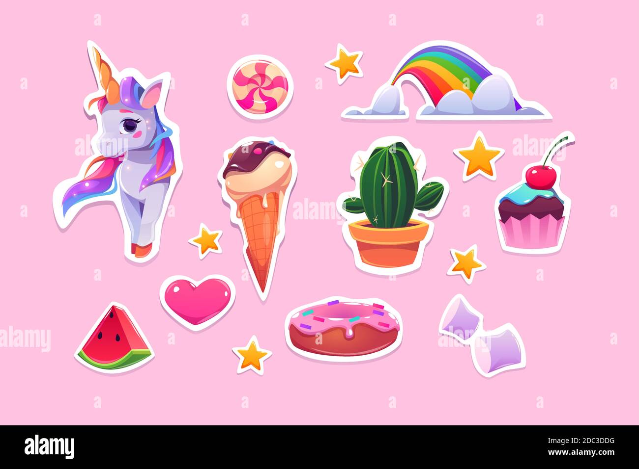 Carino adesivi per ragazze unicorn cartoon, gelato, arcobaleno e cuore rosa, fetta di anguria, stelle, cupcake e ciambella con marshmallow, caramella e cactus in pentola Cartoon vettore illustrazione, icone set Illustrazione Vettoriale