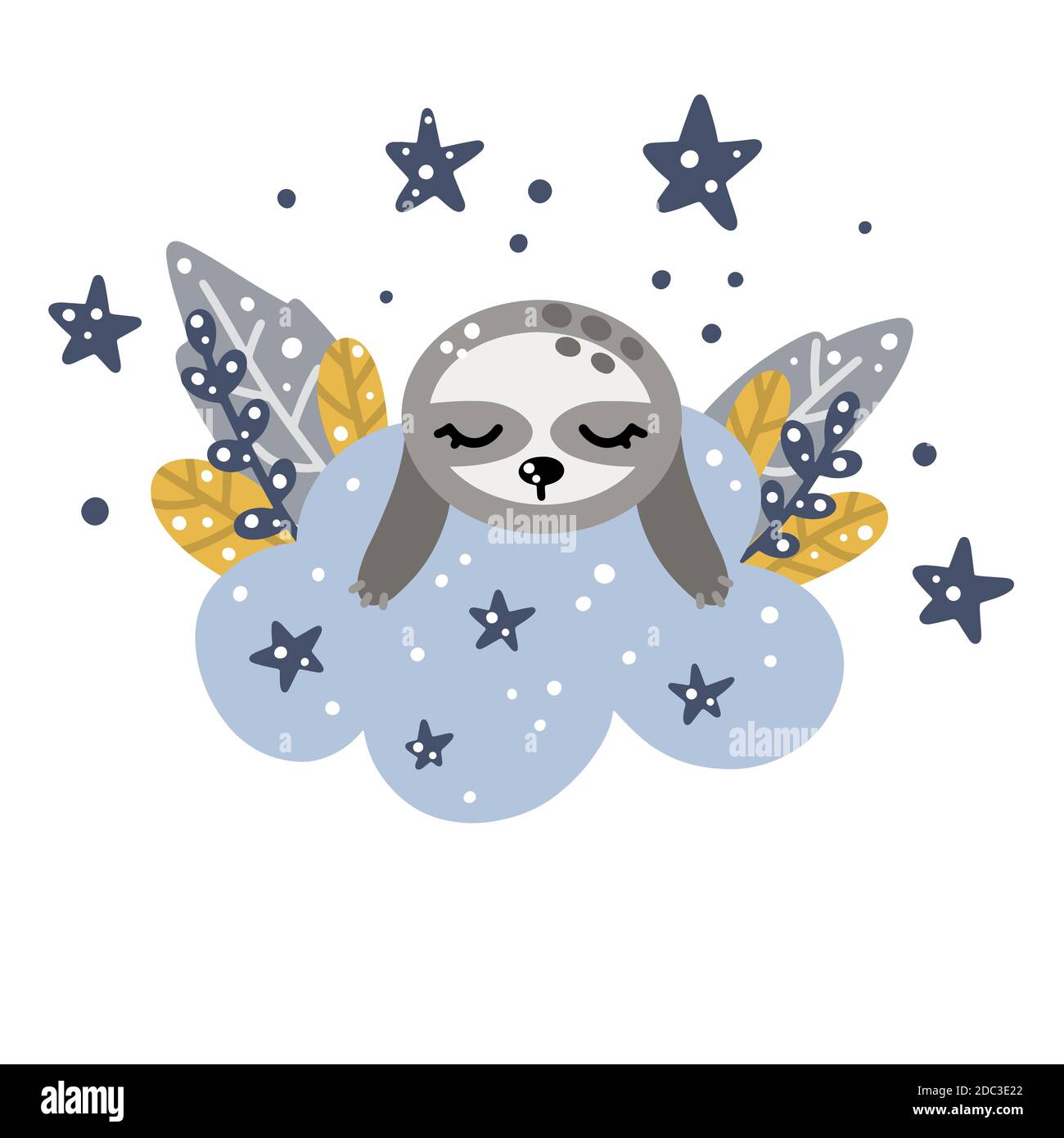 Carino vivaio sloth dormire su una nuvola con le stelle e. Elementi floreali intorno alla figura vettoriale in stile scandinavo isolati su bianco sfondo per d Illustrazione Vettoriale