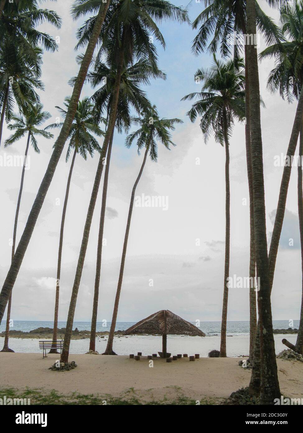 Silhouette di un gazebo tetto di paglia per ombra e cocco Alberi su una spiaggia a Port Blair in Andaman e. Nicobar Isole India Foto Stock