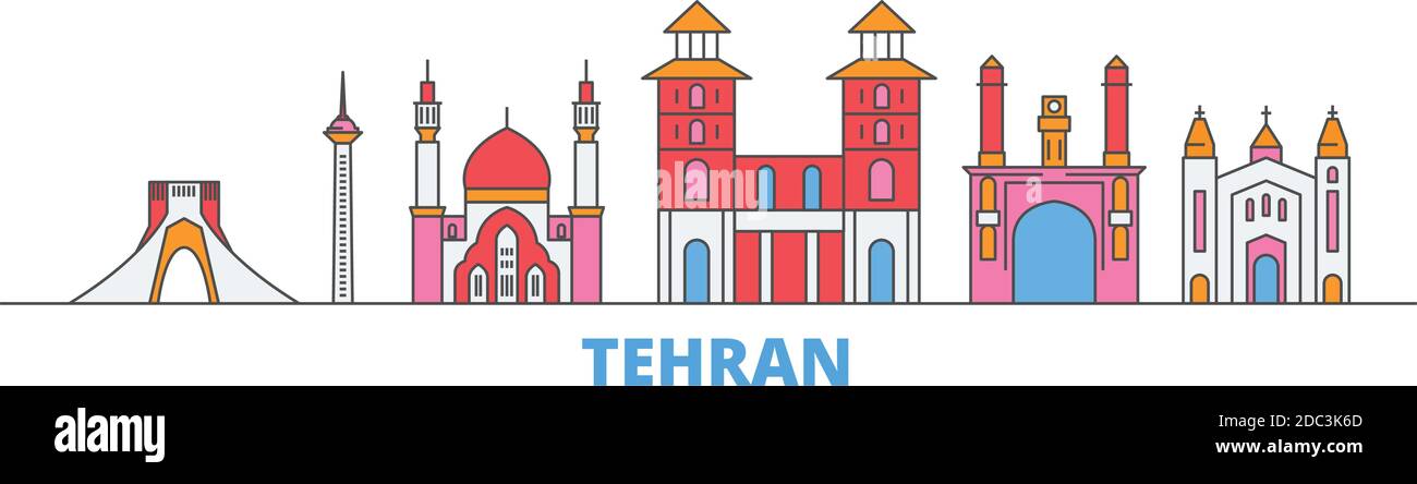 Iran, linea di Teheran paesaggio urbano, vettore piatto. Punto di riferimento della città di viaggio, illustrazione dell'oltino, icone del mondo di linea Illustrazione Vettoriale