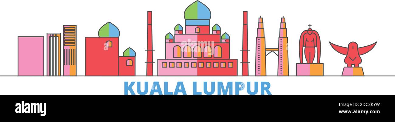 Malesia, Kuala Lumpur linea paesaggio urbano, vettore piatto. Punto di riferimento della città di viaggio, illustrazione dell'oltino, icone del mondo di linea Illustrazione Vettoriale