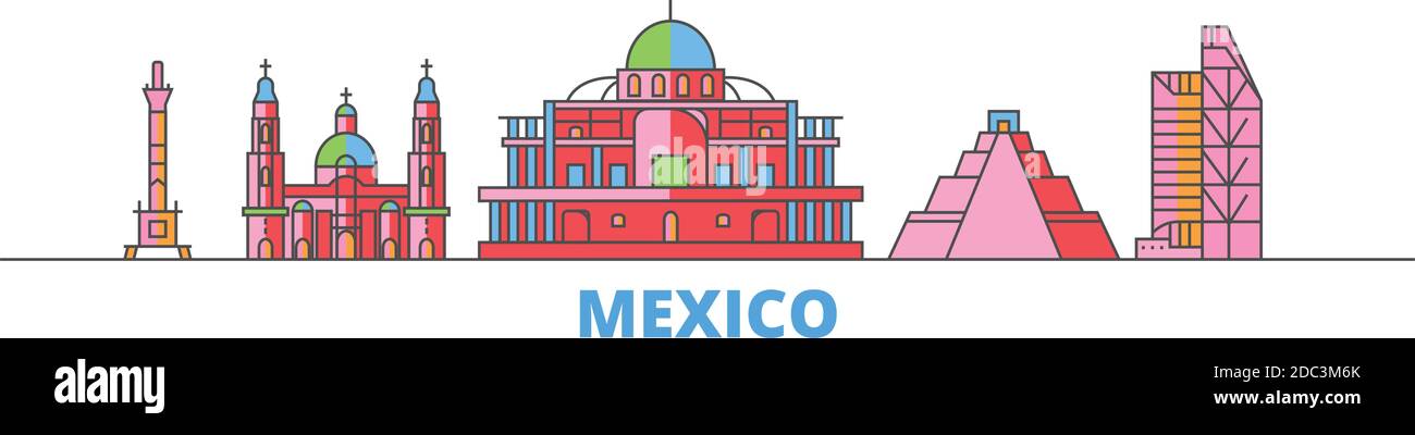 Messico, Città del Messico linea di paesaggio urbano, vettore piatto. Punto di riferimento della città di viaggio, illustrazione dell'oltino, icone del mondo di linea Illustrazione Vettoriale