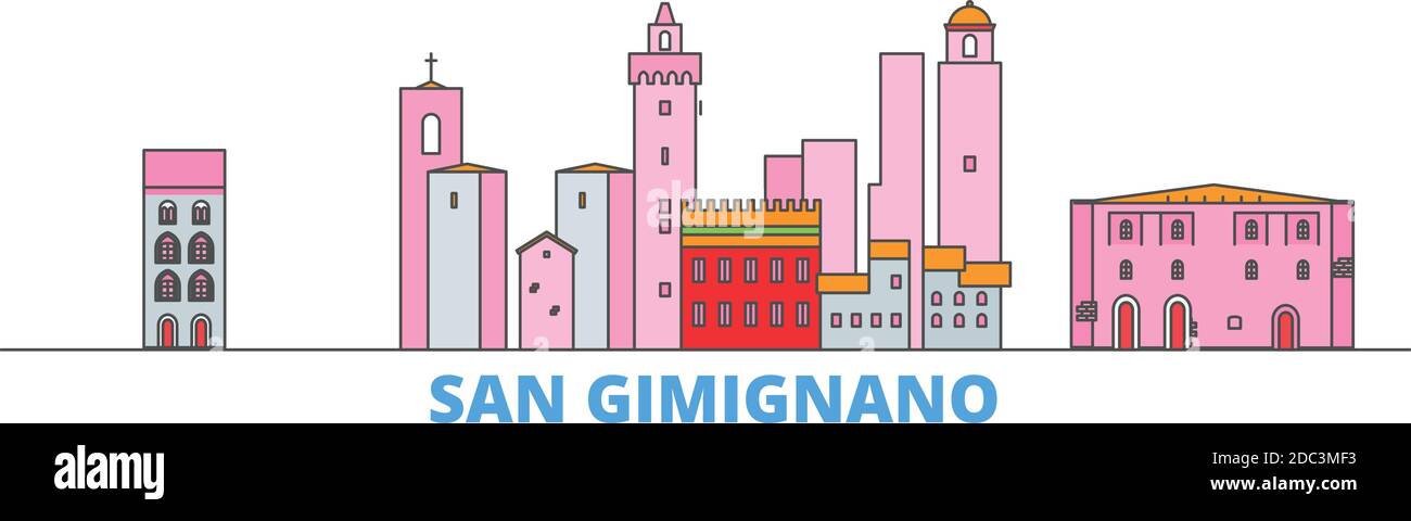 Italia, San Gimignano Città linea paesaggio, vettore piano. Punto di riferimento della città di viaggio, illustrazione dell'oltino, icone del mondo di linea Illustrazione Vettoriale
