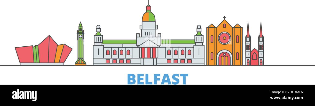 Regno Unito, Belfast line paesaggio urbano, vettore piatto. Punto di riferimento della città di viaggio, illustrazione dell'oltino, icone del mondo di linea Illustrazione Vettoriale