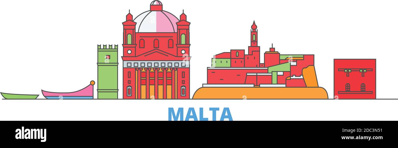 Malta linea paesaggio urbano, vettore piatto. Punto di riferimento della città di viaggio, illustrazione dell'oltino, icone del mondo di linea Illustrazione Vettoriale