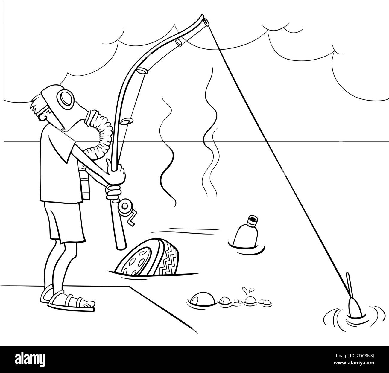 Cartoni animati in bianco e nero illustrazione di non molto intelligente ragazzo pesca nella pagina del libro di colorazione di liquami Illustrazione Vettoriale