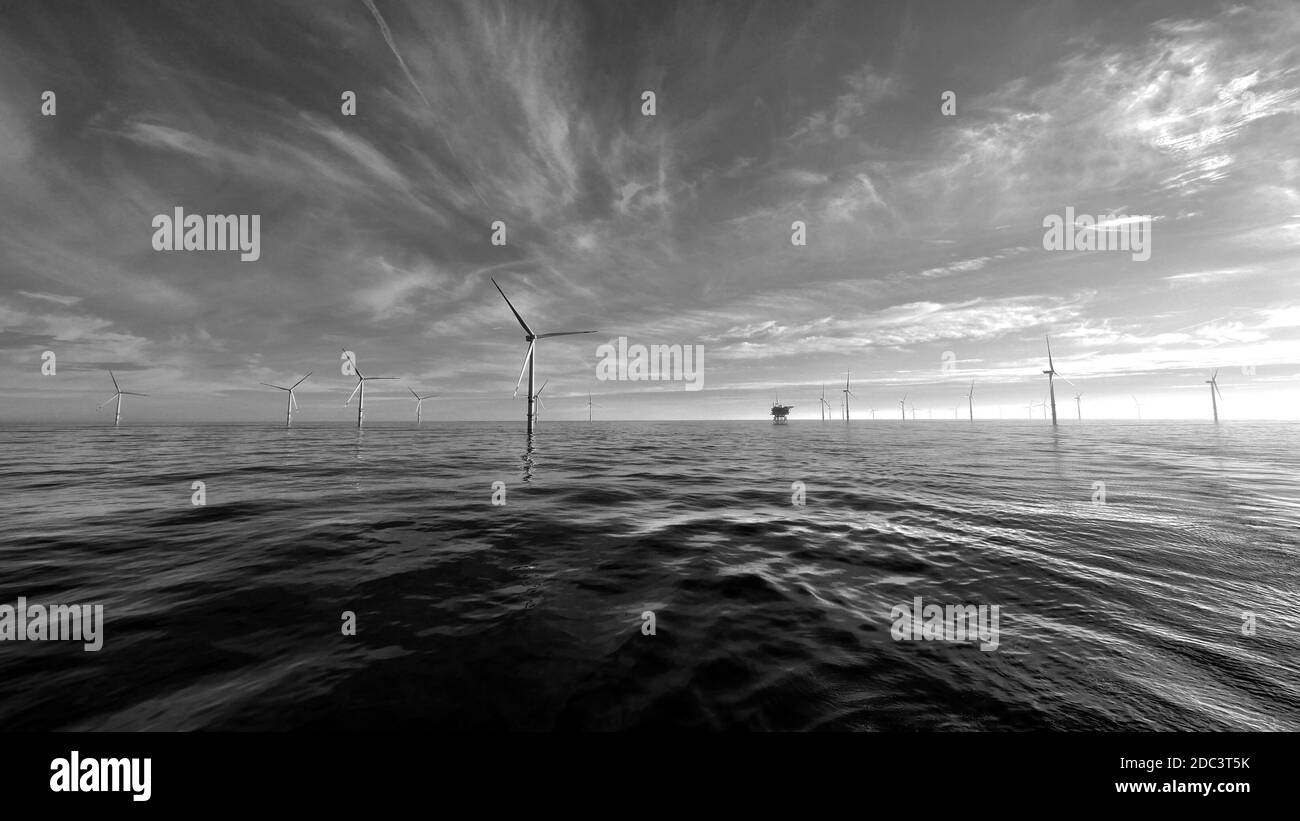 Drammatica immagine in bianco e nero di eolico offshore in mare del nord Foto Stock