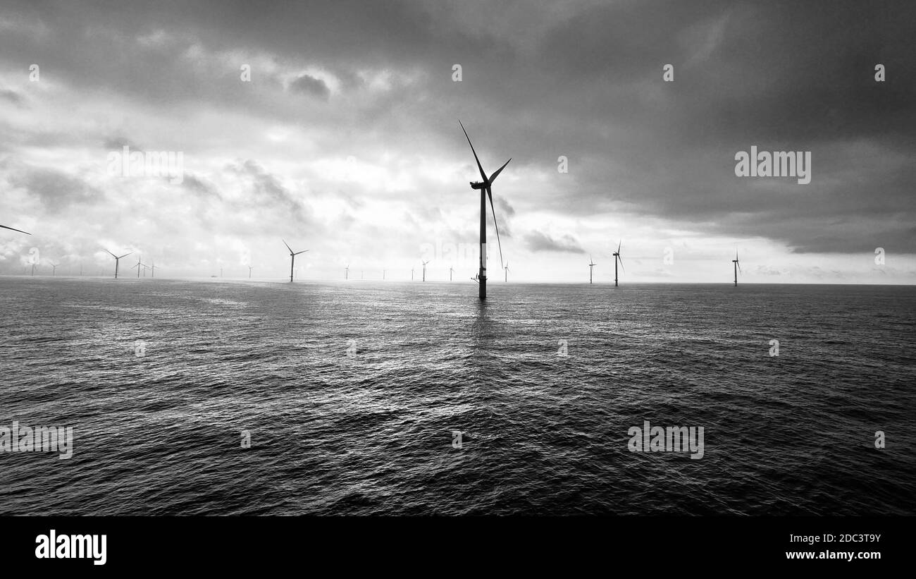 Drammatica immagine in bianco e nero di eolico offshore in mare del nord Foto Stock