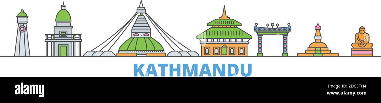 Nepal, linea di Kathmandu paesaggio urbano, vettore piatto. Punto di riferimento della città di viaggio, illustrazione dell'oltino, icone del mondo di linea Illustrazione Vettoriale