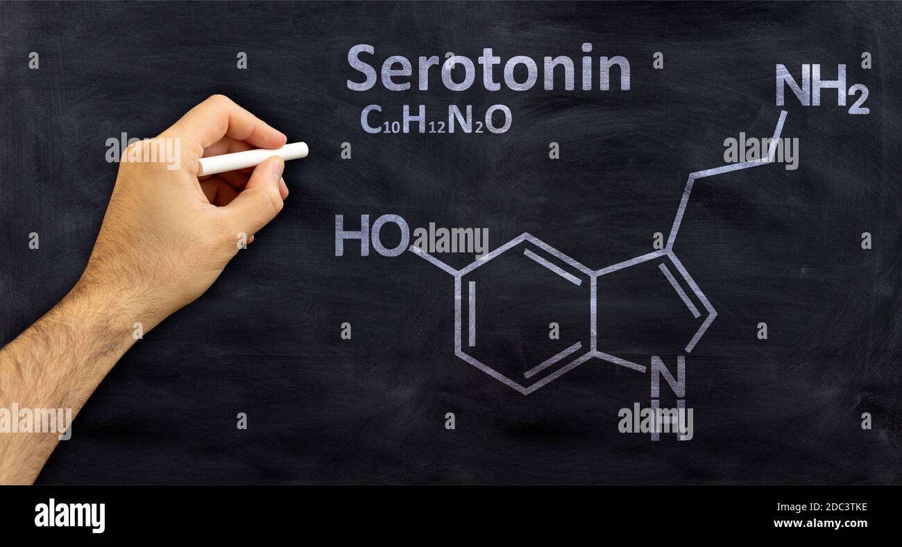 Formula chimica strutturale della serotonina, disegno a mano con un gesso  su una lavagna, classe chimica della scuola. Modello di ormone della  felicità Foto stock - Alamy