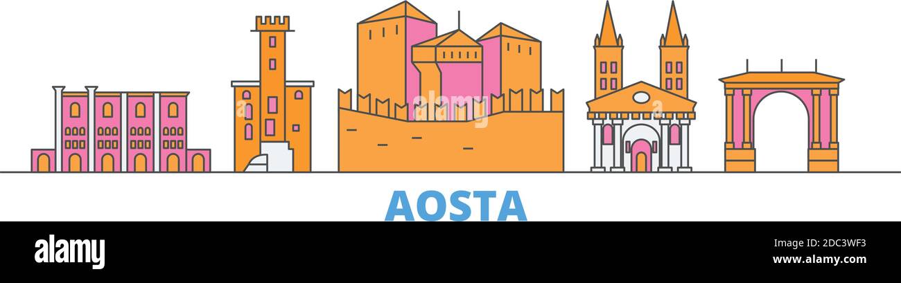 Italia, paesaggio urbano linea Aosta, vettore piano. Punto di riferimento della città di viaggio, illustrazione dell'oltino, icone del mondo di linea Illustrazione Vettoriale