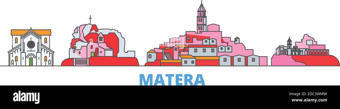 Italia, Matera line paesaggio urbano, vettore piano. Punto di riferimento della città di viaggio, illustrazione dell'oltino, icone del mondo di linea Illustrazione Vettoriale