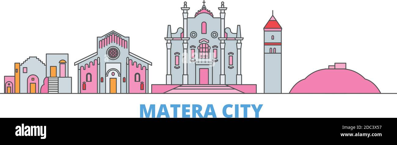 Italia, Matera City line paesaggio urbano, vettore piano. Punto di riferimento della città di viaggio, illustrazione dell'oltino, icone del mondo di linea Illustrazione Vettoriale