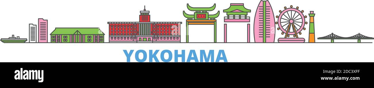 Giappone, Yokohama linea paesaggio urbano, vettore piatto. Punto di riferimento della città di viaggio, illustrazione dell'oltino, icone del mondo di linea Illustrazione Vettoriale