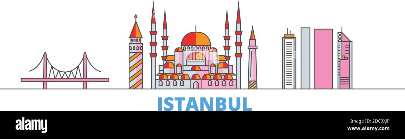 Turchia, Istanbul linea paesaggio urbano, vettore piatto. Punto di riferimento della città di viaggio, illustrazione dell'oltino, icone del mondo di linea Illustrazione Vettoriale