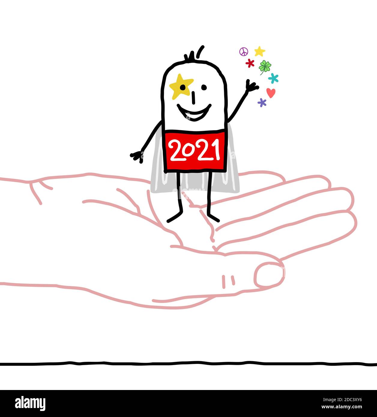 Cartoon 2021 disegnato a mano Super Hero in piedi in un essere umano Dai i migliori auguri Illustrazione Vettoriale