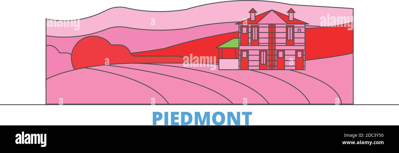 Italia, Piemonte, Langhe Roero e Monferrato linea di paesaggio urbano, vettore piatto. Punto di riferimento della città di viaggio, illustrazione dell'oltino, icone del mondo di linea Illustrazione Vettoriale
