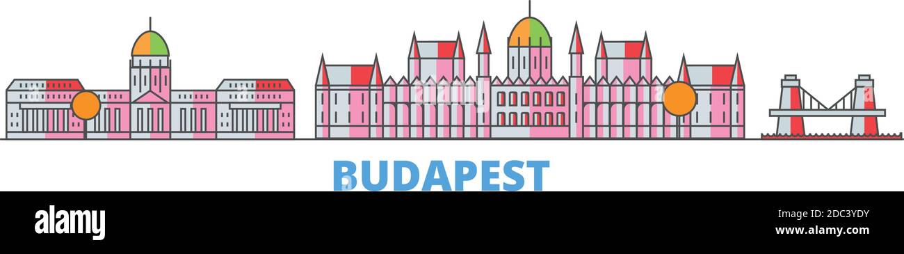 Ungheria, Budapest linea paesaggio urbano, vettore piano. Punto di riferimento della città di viaggio, illustrazione dell'oltino, icone del mondo di linea Illustrazione Vettoriale