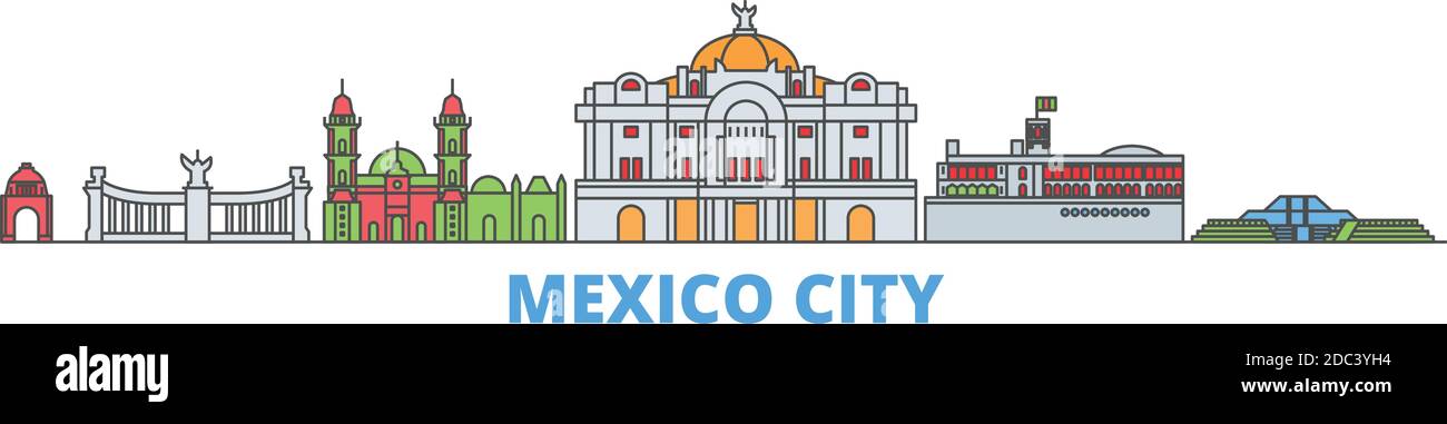 Messico, Messico linea paesaggio urbano, vettore piatto. Punto di riferimento della città di viaggio, illustrazione dell'oltino, icone del mondo di linea Illustrazione Vettoriale