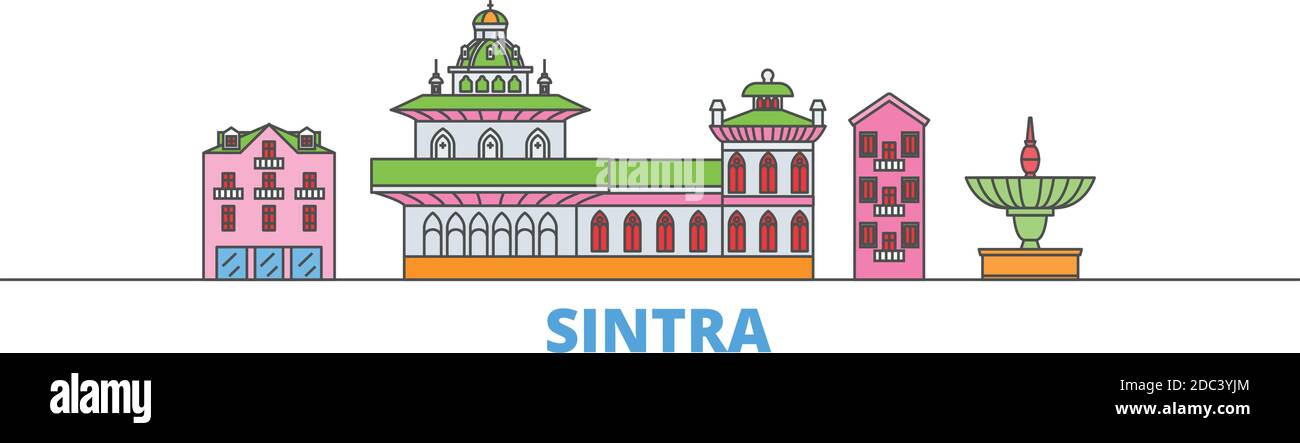 Portogallo, linea Sintra paesaggio urbano, vettore piano. Punto di riferimento della città di viaggio, illustrazione dell'oltino, icone del mondo di linea Illustrazione Vettoriale