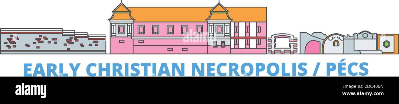 Ungheria, Pecs, linea della necropoli paleocristiana, vettore piatto. Punto di riferimento della città di viaggio, illustrazione dell'oltino, icone del mondo di linea Illustrazione Vettoriale