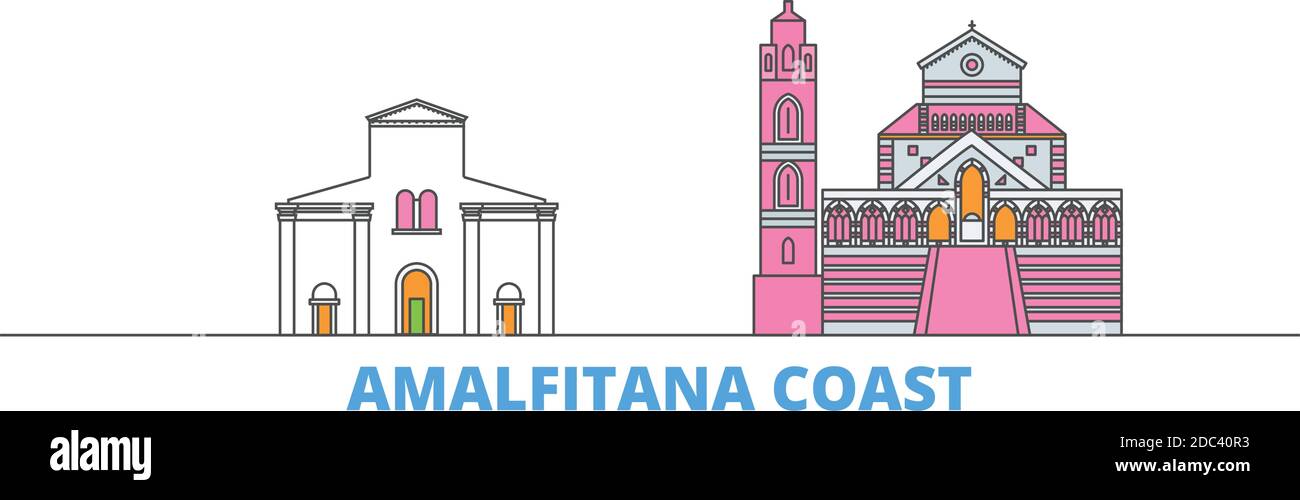 Italia, Costiera Amalfitana linea di paesaggio urbano, vettore piano. Punto di riferimento della città di viaggio, illustrazione dell'oltino, icone del mondo di linea Illustrazione Vettoriale