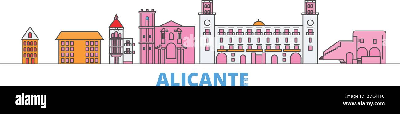 Spagna, Alicante linea paesaggio urbano, vettore piano. Punto di riferimento della città di viaggio, illustrazione dell'oltino, icone del mondo di linea Illustrazione Vettoriale