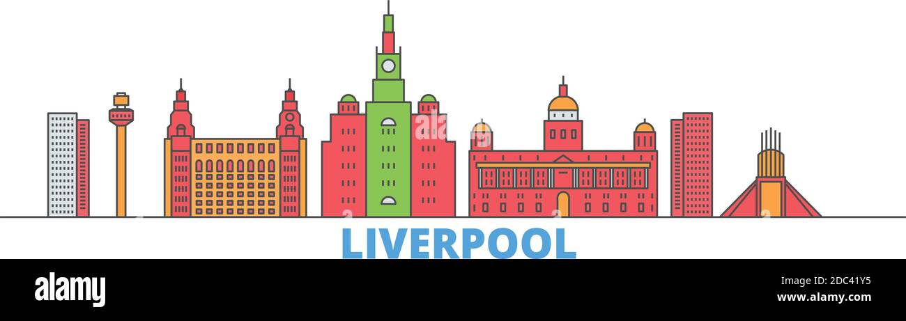 Regno Unito, linea di Liverpool paesaggio urbano, vettore piatto. Punto di riferimento della città di viaggio, illustrazione dell'oltino, icone del mondo di linea Illustrazione Vettoriale