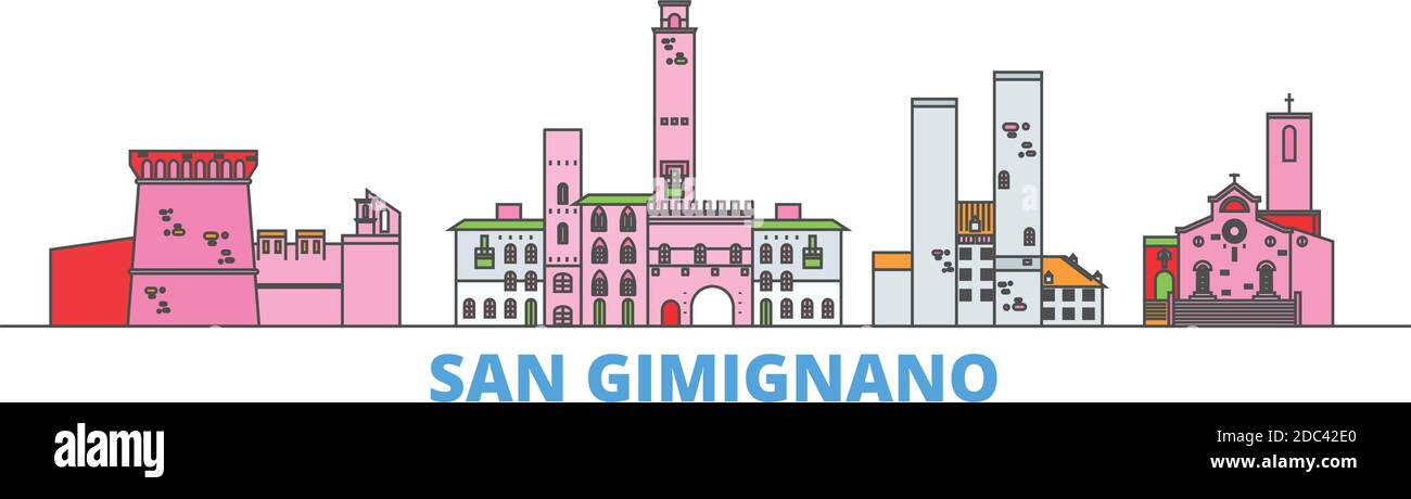 Italia, paesaggio urbano linea San Gimignano, vettore piano. Punto di riferimento della città di viaggio, illustrazione dell'oltino, icone del mondo di linea Illustrazione Vettoriale