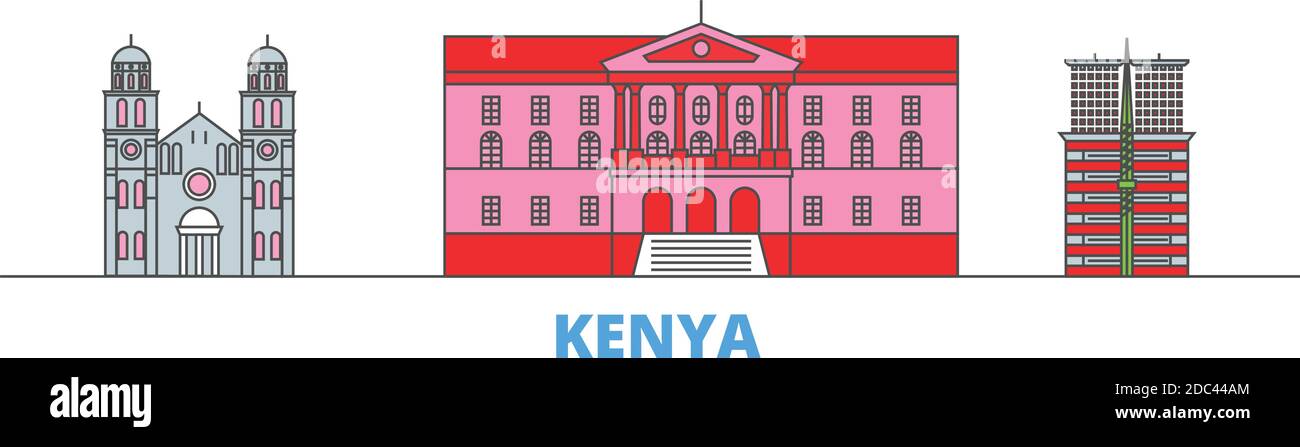 Kenya linea paesaggio urbano, vettore piatto. Punto di riferimento della città di viaggio, illustrazione dell'oltino, icone del mondo di linea Illustrazione Vettoriale