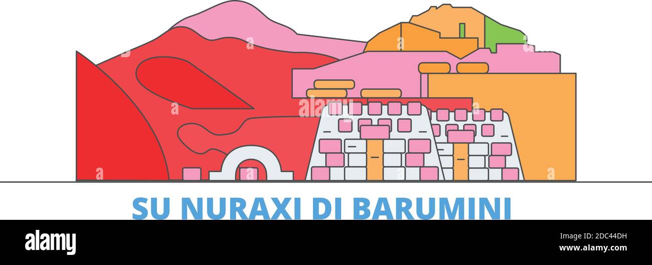 Italia, Barumini, su Nuraxi di Barumini linea paesaggio urbano, vettore piano. Punto di riferimento della città di viaggio, illustrazione dell'oltino, icone del mondo di linea Illustrazione Vettoriale