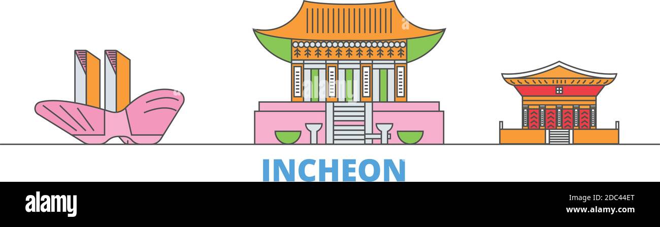 Corea del Sud, paesaggio urbano in linea Incheon, vettore piatto. Punto di riferimento della città di viaggio, illustrazione dell'oltino, icone del mondo di linea Illustrazione Vettoriale