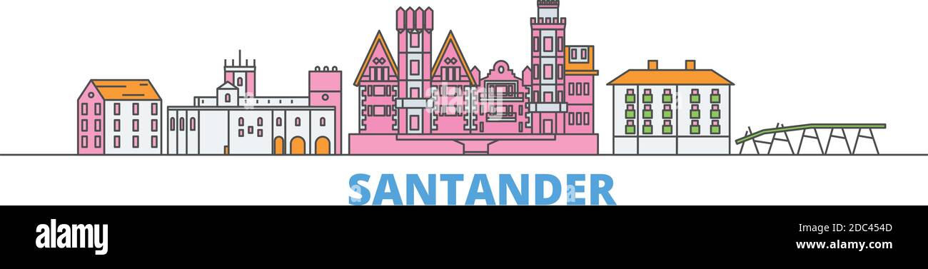 Spagna, linea Santander paesaggio urbano, vettore piano. Punto di riferimento della città di viaggio, illustrazione dell'oltino, icone del mondo di linea Illustrazione Vettoriale