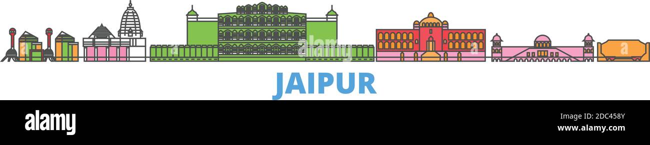 India, Jaipur linea paesaggio urbano, vettore piatto. Punto di riferimento della città di viaggio, illustrazione dell'oltino, icone del mondo di linea Illustrazione Vettoriale
