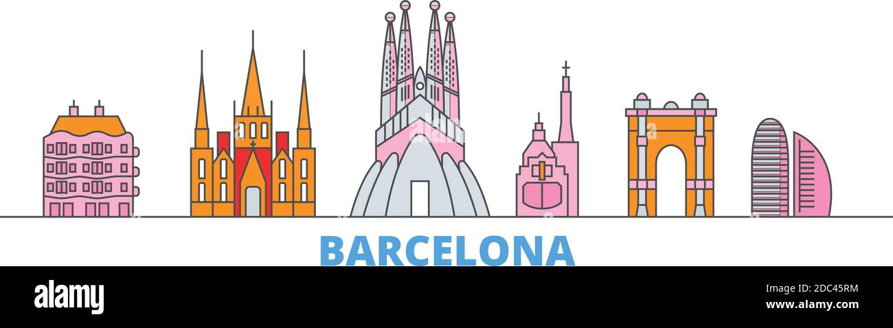 Spagna, Barcellona City line paesaggio urbano, vettore piano. Punto di riferimento della città di viaggio, illustrazione dell'oltino, icone del mondo di linea Illustrazione Vettoriale