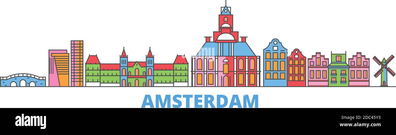 Olanda, Amsterdam City line città paesaggio, vettore piano. Punto di riferimento della città di viaggio, illustrazione dell'oltino, icone del mondo di linea Illustrazione Vettoriale
