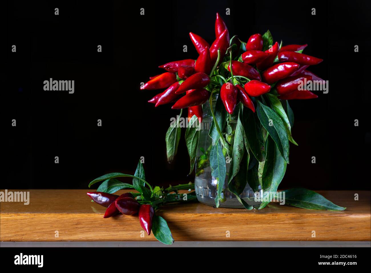 Peperoni annuali, Capsicum annuum L. peperoni rossi in un vaso di vetro con fondo nero. Foto Stock