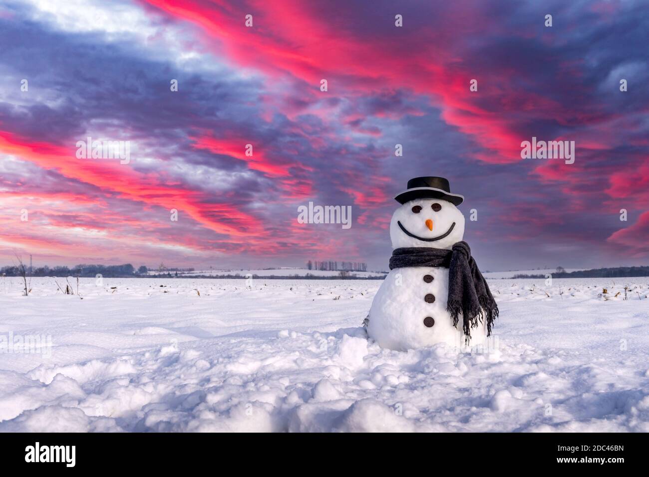 Simpatico pupazzo di neve con cappello elegante e scalpello nero su campo innevato durante il tramonto. Cielo epico con nuvole viola sullo sfondo. Buon Natale e felice anno nuovo! Foto Stock