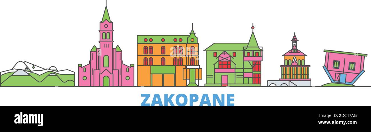 Polonia, Zakopane linea paesaggio urbano, vettore piatto. Punto di riferimento della città di viaggio, illustrazione dell'oltino, icone del mondo di linea Illustrazione Vettoriale