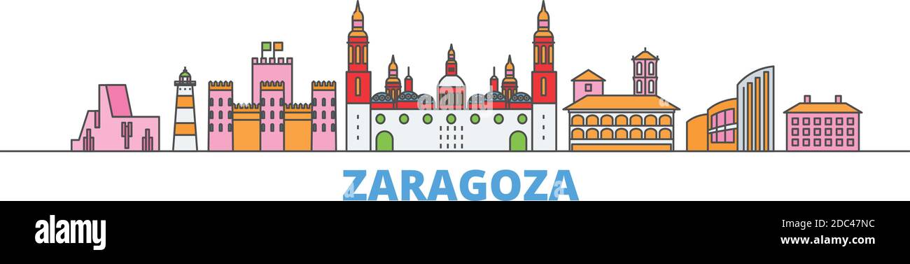 Spagna, Zaragoza linea paesaggio urbano, vettore piatto. Punto di riferimento della città di viaggio, illustrazione dell'oltino, icone del mondo di linea Illustrazione Vettoriale