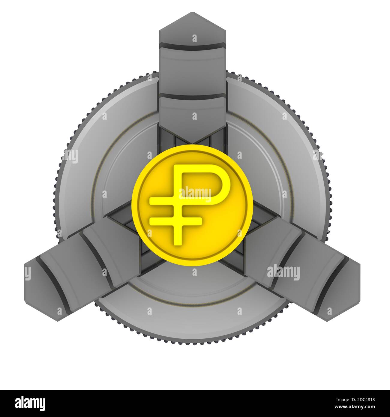 Mandrino per tornitura e pezzo con il simbolo del rublo russo. Billetta d'oro con il simbolo del rublo russo nel mandrino del tornio. Isolato Foto Stock