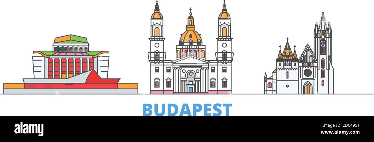 Ungheria, Budapest Città linea paesaggio urbano, vettore piano. Punto di riferimento della città di viaggio, illustrazione dell'oltino, icone del mondo di linea Illustrazione Vettoriale