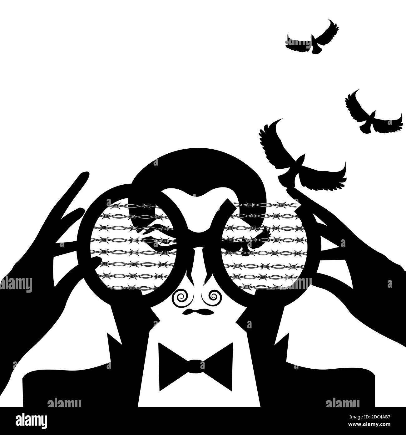 illustrazione di un uomo che guarda attraverso un binnacle e che ha occhi nella forma di uccelli che stanno decollo, isolato su bianco Foto Stock