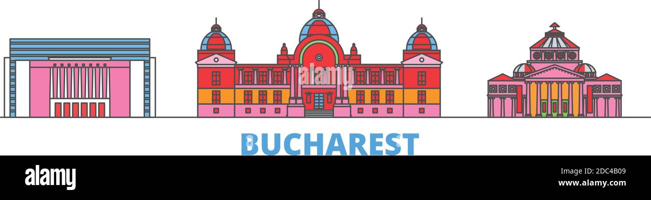 Romania, linea di Bucarest paesaggio urbano, vettore piano. Punto di riferimento della città di viaggio, illustrazione dell'oltino, icone del mondo di linea Illustrazione Vettoriale