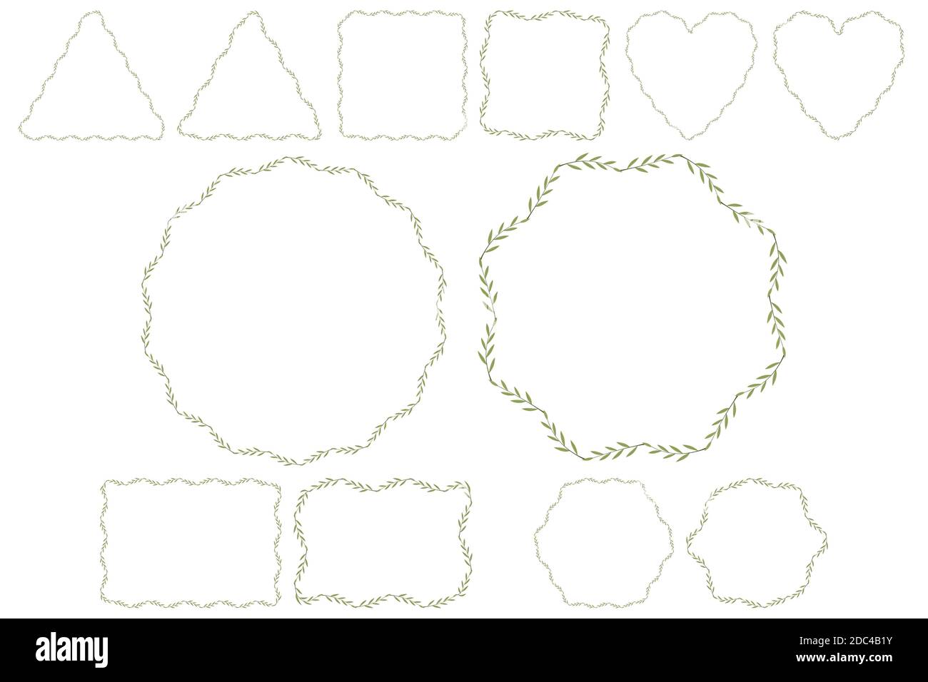 Verde foglia di oliva ramoscello. Modello vettoriale con riquadro forma: Quadrato, cerchio, cuore, triangolo, esagono, rettangolo. Decorazione di invito di nozze. Illustrazione Vettoriale