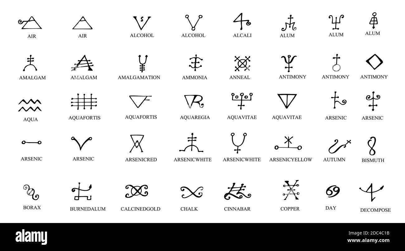 Una serie di simboli alchemici isolati su bianco. Elementi disegnati a mano per la progettazione. Tema mistico, esoterico, occulto. Illustrazione Vettoriale